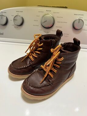 Kids Brown Leather Lace-Up Boots with Yellow-Orange Laces and Side Zipper